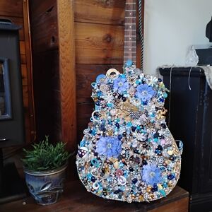 Decorative Bejeweled Guitar Art with Blue Accents